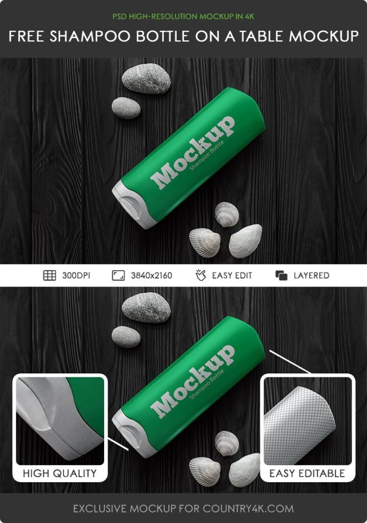 Top View Shampoo Bottle on Wooden Table Mockup with Seashells