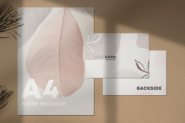 Top-View Stationery Mockup Featuring A4 Paper and Two Postcards