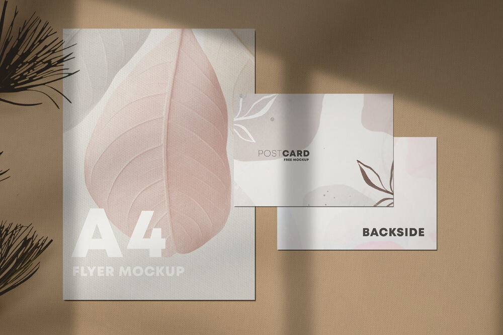 Top-View Stationery Mockup Featuring A4 Paper and Two Postcards