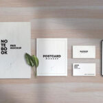 Top View Stationery Mockup Featuring, Notebook, Cards and iPhone