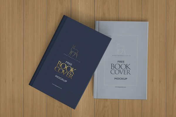 Top View Two Hardcover Books Mockup on Wooden Surface