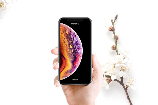 Top View Woman Holding iPhone XS with Blossoms Mockup