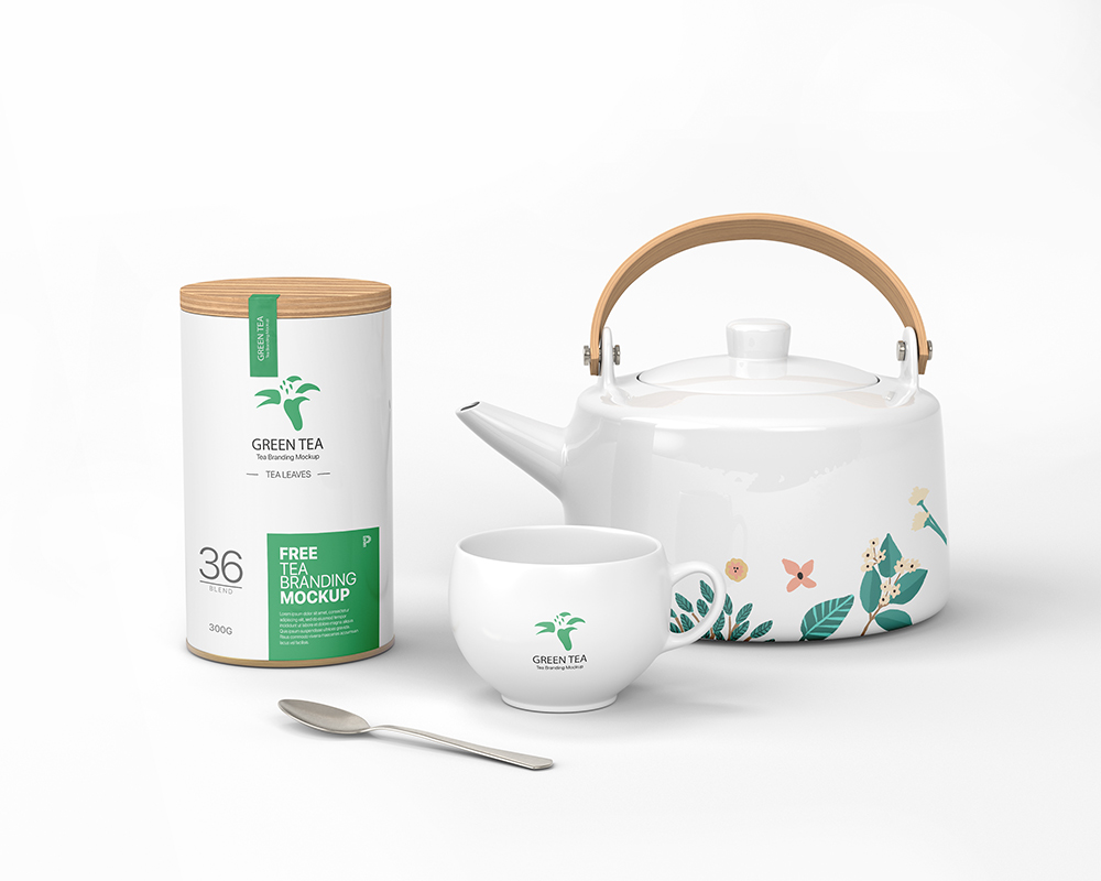 Trendy Green Tea Branding Mockup Featuring Teapot, Cup, and Jar