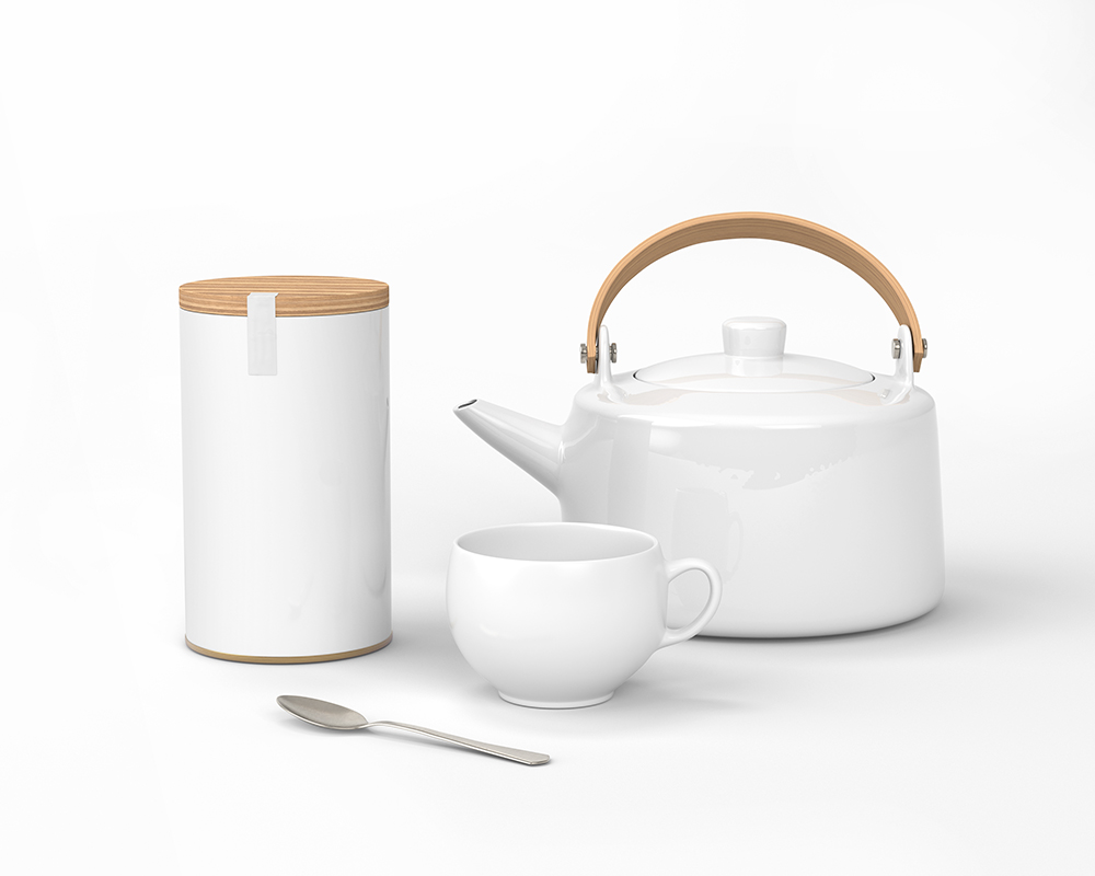Trendy Green Tea Branding Mockup Featuring Teapot, Cup, and Jar