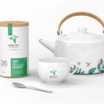 Trendy Green Tea Branding Mockup Featuring Teapot, Cup, and Jar