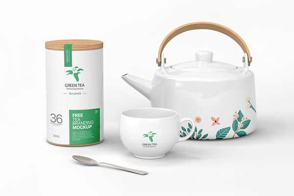 Trendy Green Tea Branding Mockup Featuring Teapot, Cup, and Jar