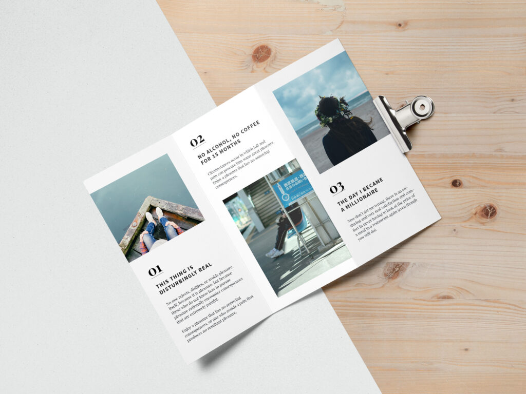 Tri Fold Brochure Mockup on a Wooden Background