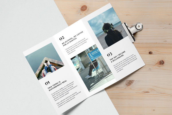 Tri Fold Brochure Mockup on a Wooden Background
