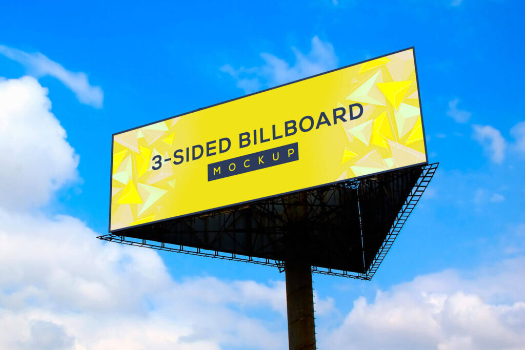 Triangle 3 Sided Single Stand Billboard in Blue Sky Mockup
