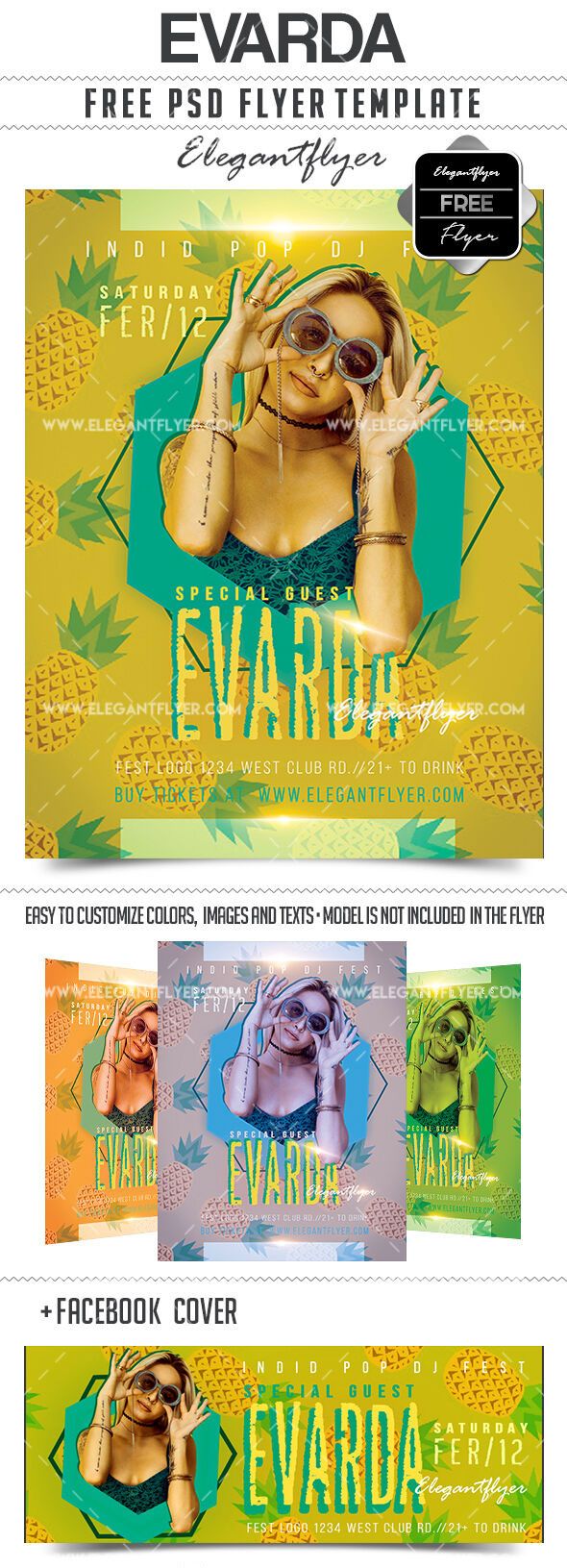 Tropical, Illustrated Summer Party Flyer and Facebook Cover Templates FREE PSD