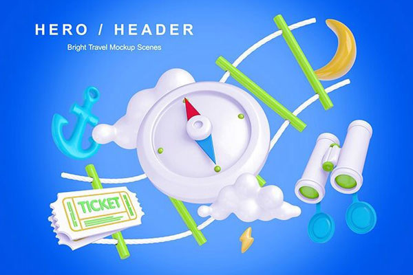 Two 3D Illustrated Travel Header Image Scene Mockups