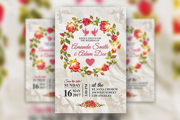 Two Blue and Pink Floral Wedding Invitation Flyer Template