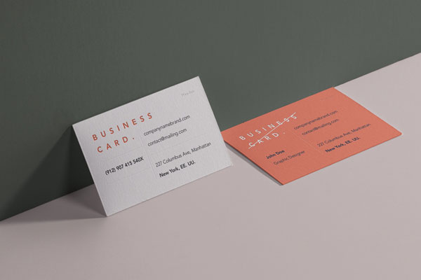 Two Business Cards Mockup Leaning Against Wall and Lying Down