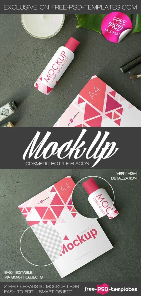 Two Cosmetic Bottle and a A4 Brochure Mockups