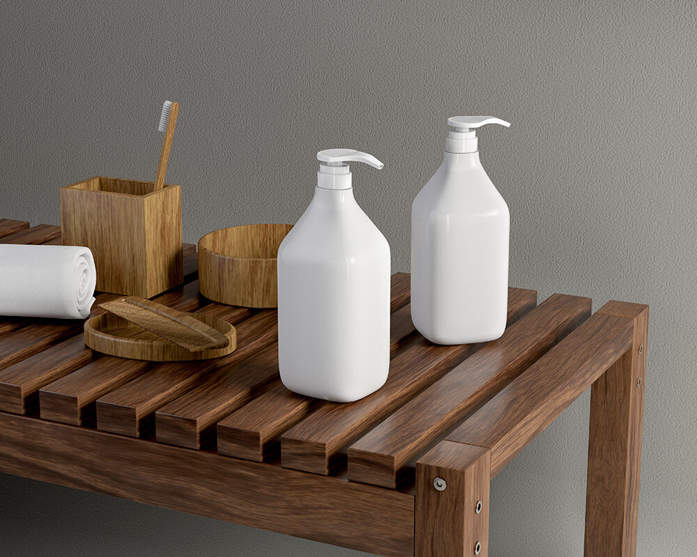 Two Cosmetic Pump Bottles on Wooden Table Mockup