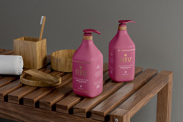 Two Cosmetic Pump Bottles on Wooden Table Mockup