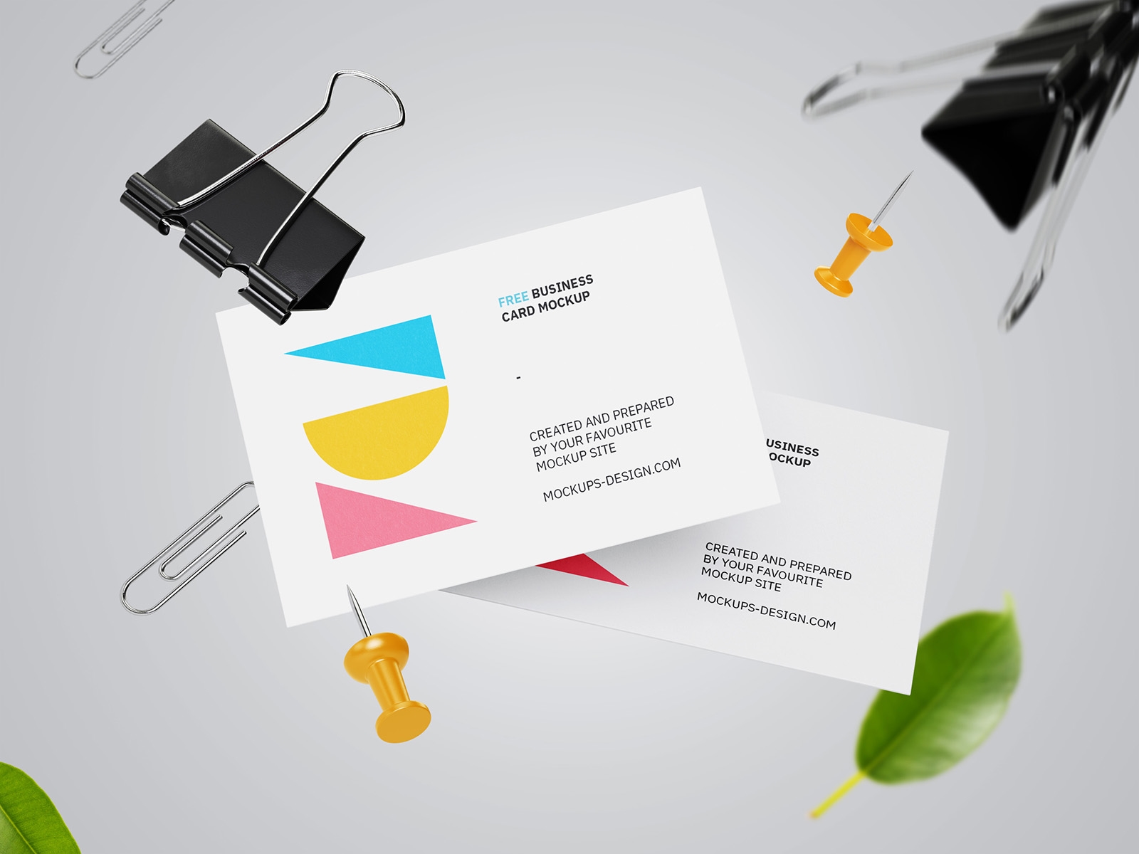 Two Falling Business Card Mockups with Floating Paper Clips FREE PSD