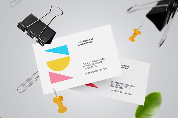 Two Falling Business Card Mockups with Floating Paper Clips