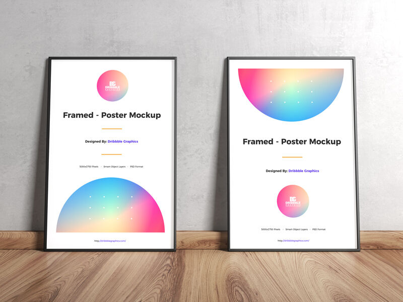 Two Framed Posters on Wooden Floor Leaning Against Wall Mockup