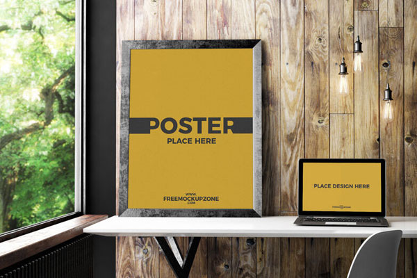 Indoor Mockup Featuring Photo Frame and Laptop with Front View