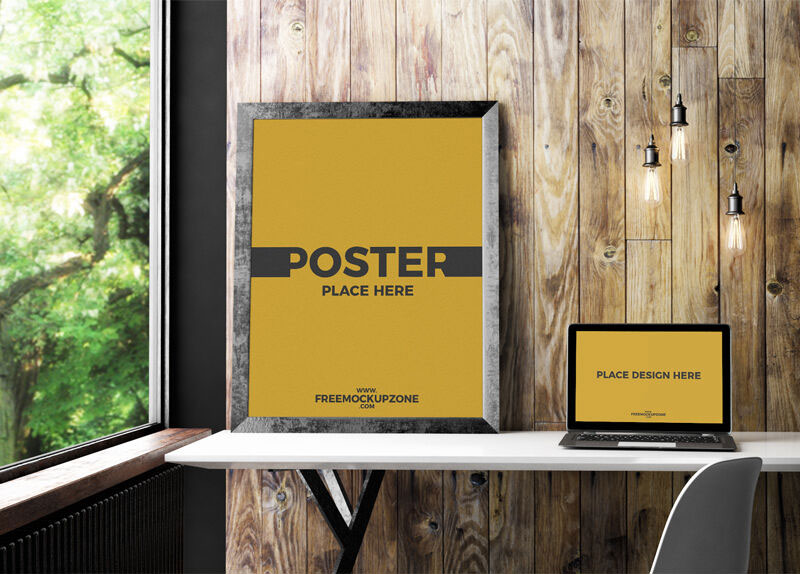 Indoor Mockup Featuring Photo Frame and Laptop with Front View