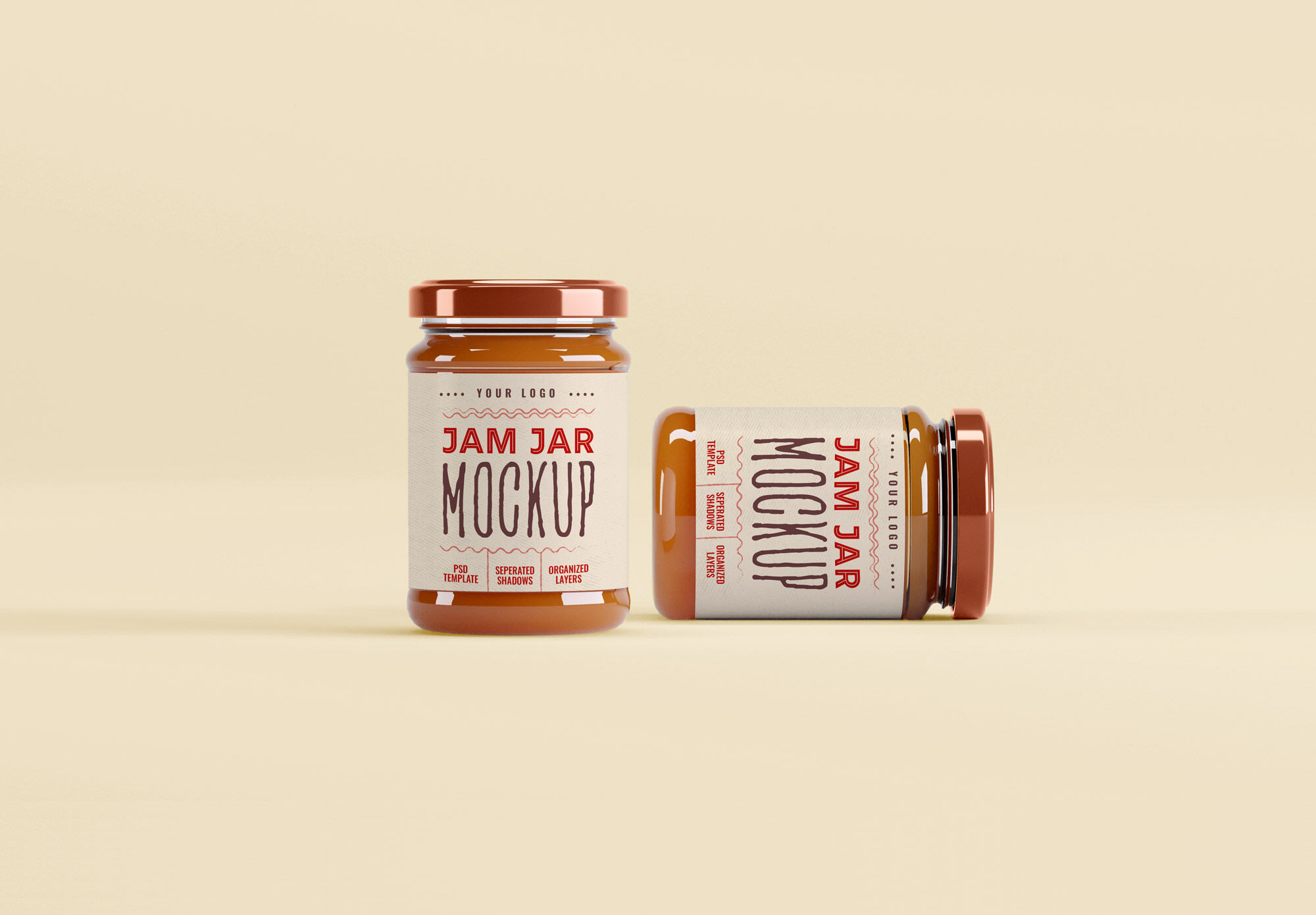 Two Jam Jars in Shrink Sleeves in the Front View Mockup FREE PSD