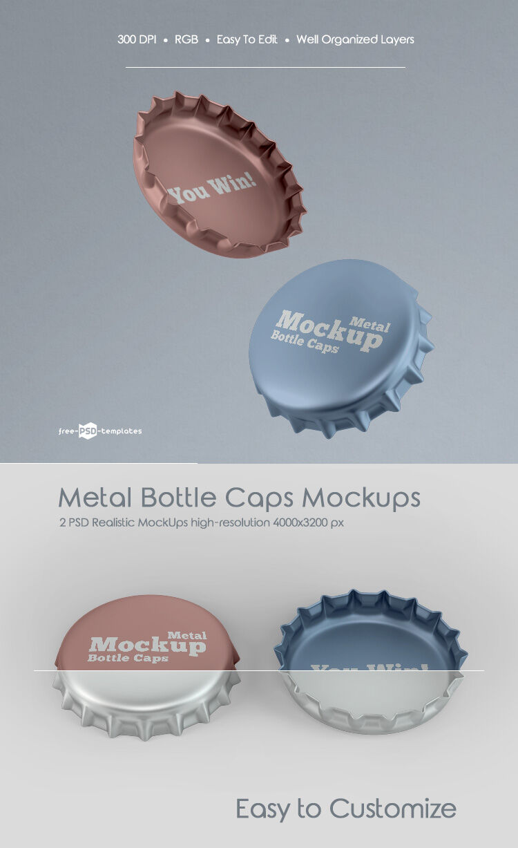 Two Metal Bottle Caps Mockups FREE PSD