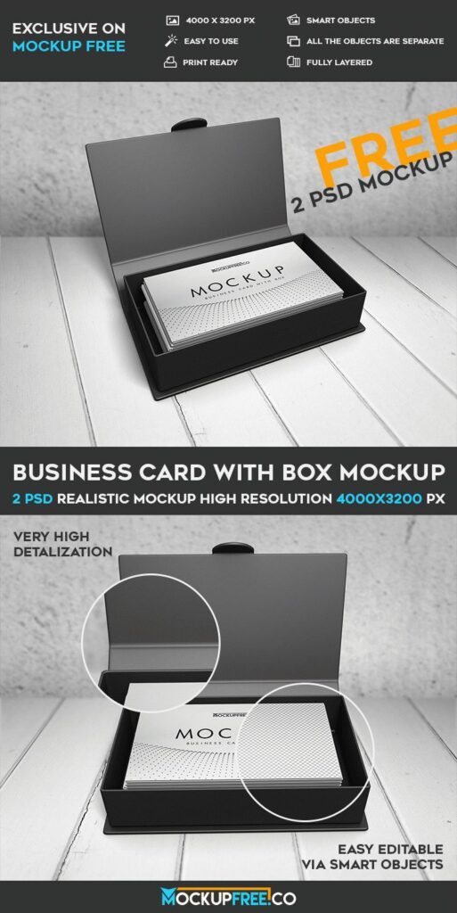 Two Mockups Featuring Different Views of Opened Box Containing Business Cards