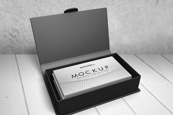 Two Mockups Featuring Different Views of Opened Box Containing Business Cards