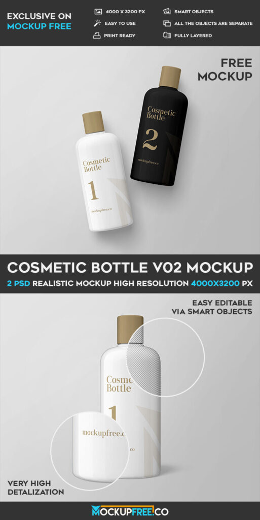 Two Mockups Featuring Lying and standing Cosmetic Bottles