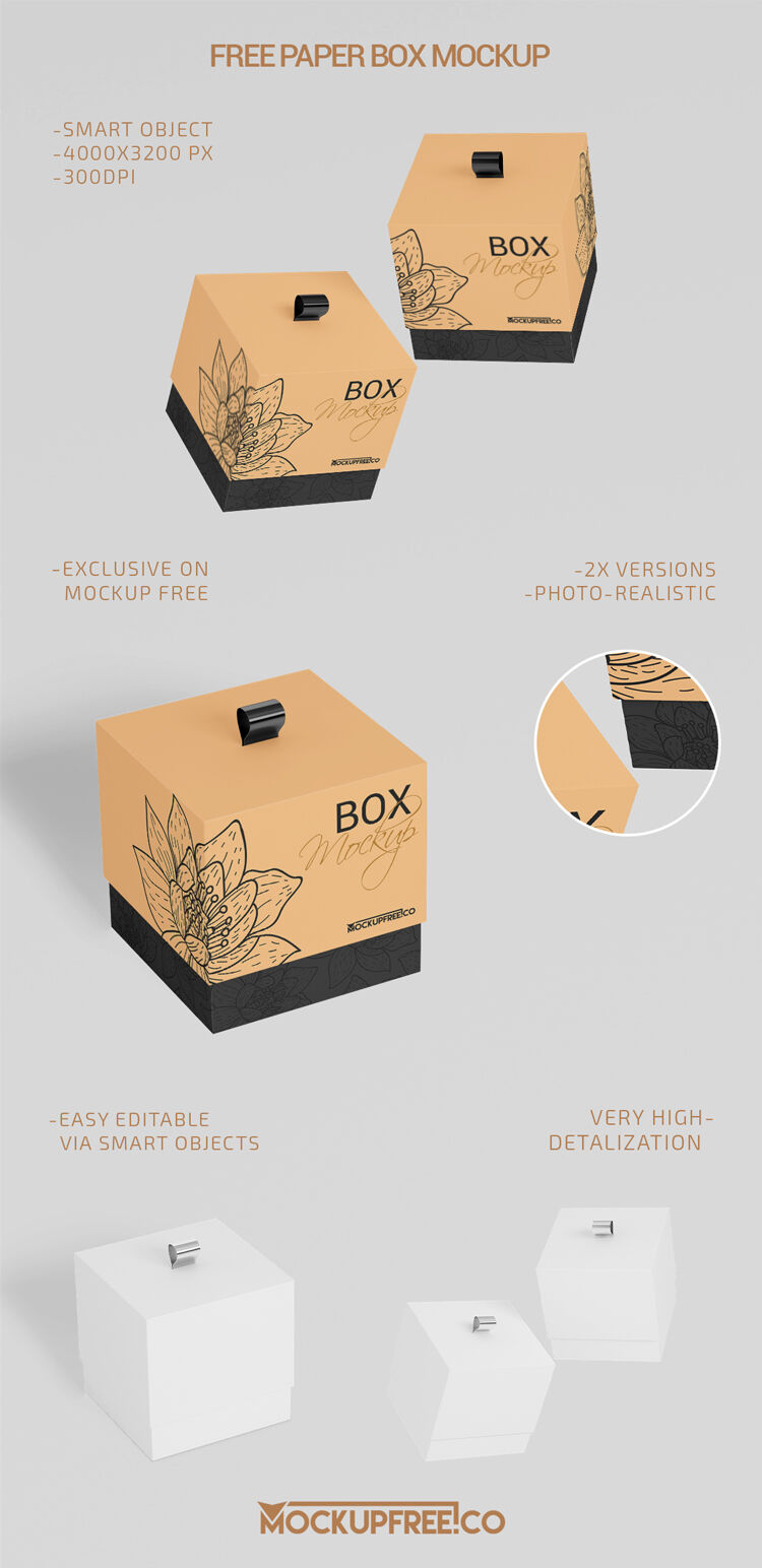 Two Mockups Featuring Perspective View of Standing and Floating Boxes FREE PSD
