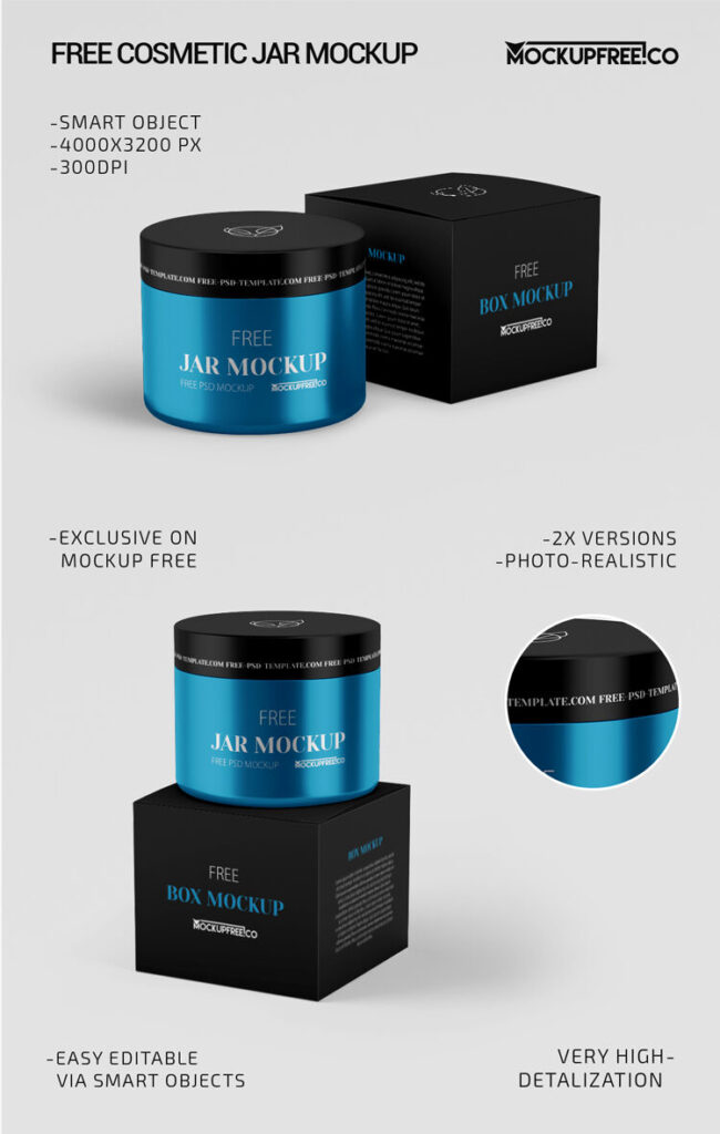 Two Mockups Featuring Perspective Views of Cosmetic Jar and Packaging