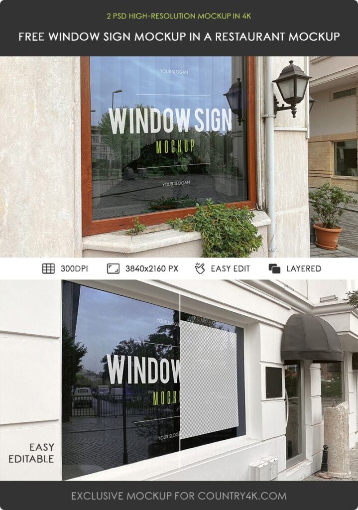 Two Mockups Featuring Perspective Views of Two Restaurant Window Signs