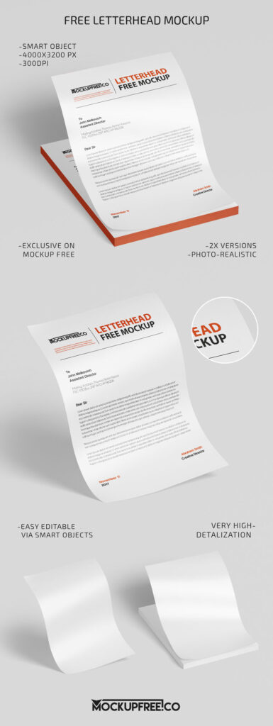 Two Mockups of Letterheads in Stacks and Solos at the 34 Angle View