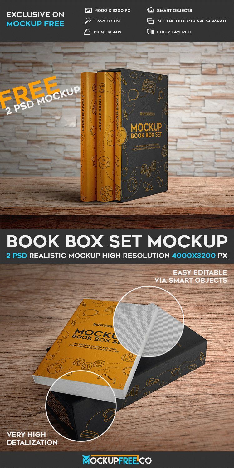 Two Mockups Showing Slipcase and Books on Wooden Table FREE PSD