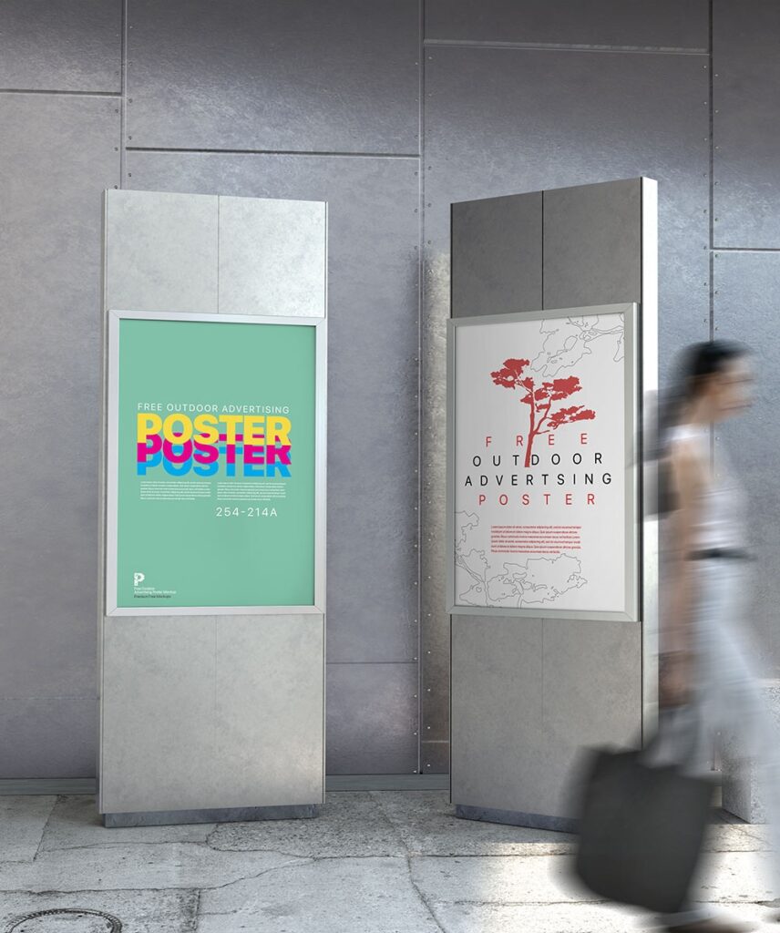 Two Outdoor Vertical Advertising Posters Mockup with Metallic Frames