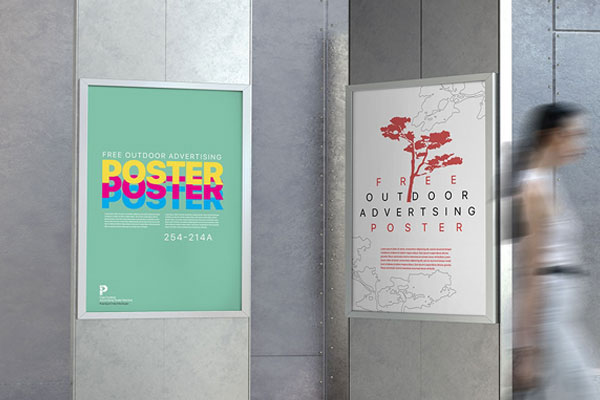 Two Outdoor Vertical Advertising Posters Mockup with Metallic Frames