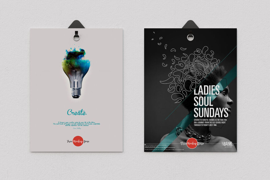 Two Posters Hanging From Clips on the Wall Mockup