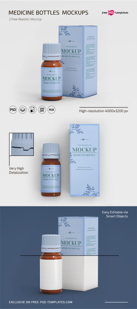 Two Realistic Vertical Medicine Bottle and Box Mockups