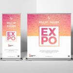 Two Roll-Up Banner Stands at the Corner of Room in Front View Mockup