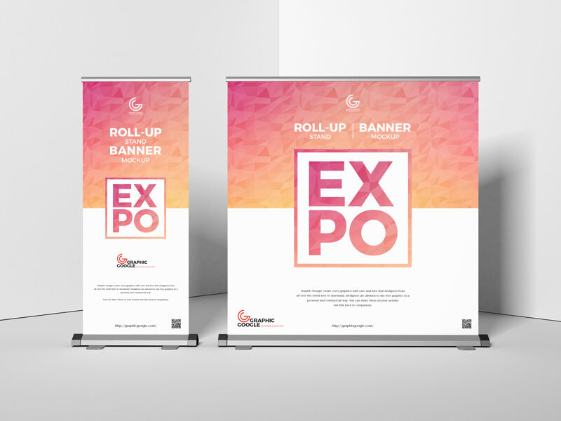Two Roll-Up Banner Stands at the Corner of Room in Front View Mockup
