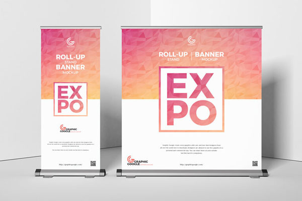 Two Roll-Up Banner Stands at the Corner of Room in Front View Mockup