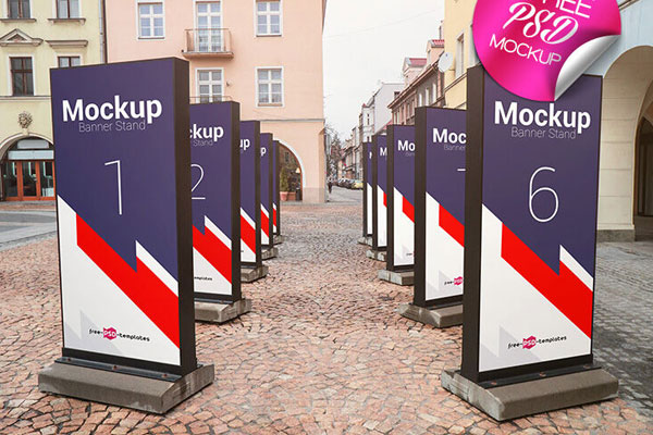 Two Rows of a Banner Stands Mockup with a Street View
