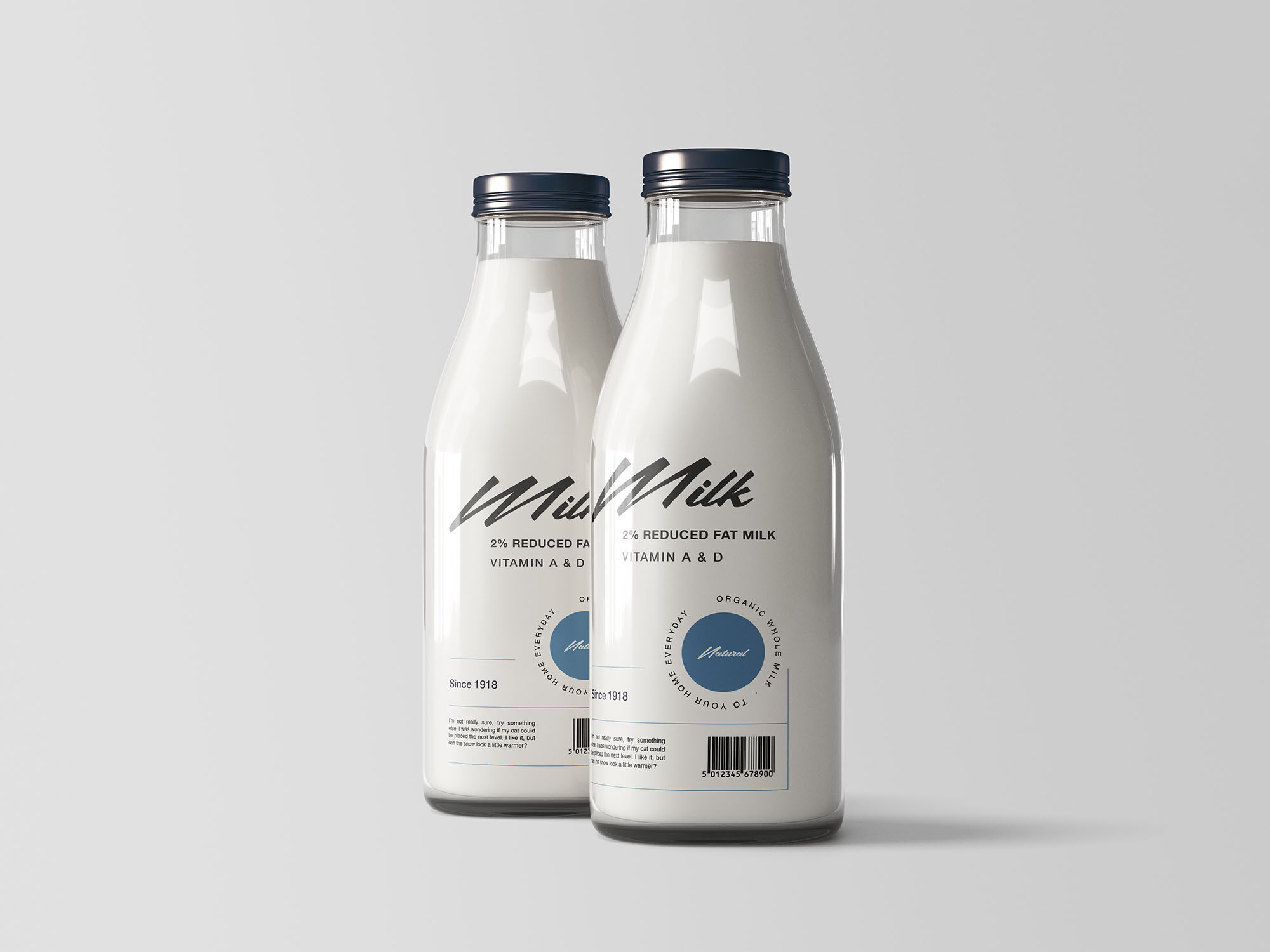 Two Shiny Glass Bottles Filled with Milk Mockup FREE PSD