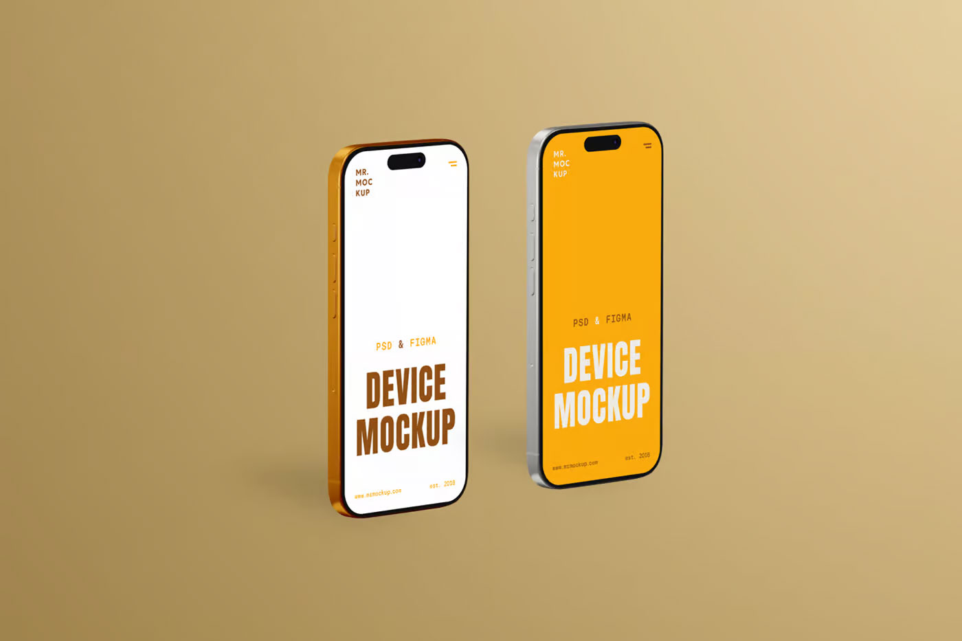 Free Two Standing iPhone 16 Pro Mockups PSD Template