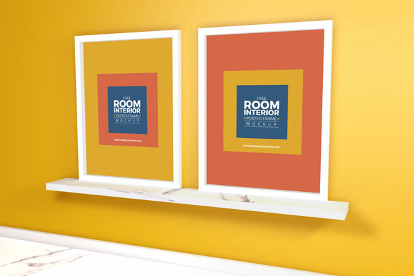 Two Vertical Interior Poster Frames Mockup with Marble Floor