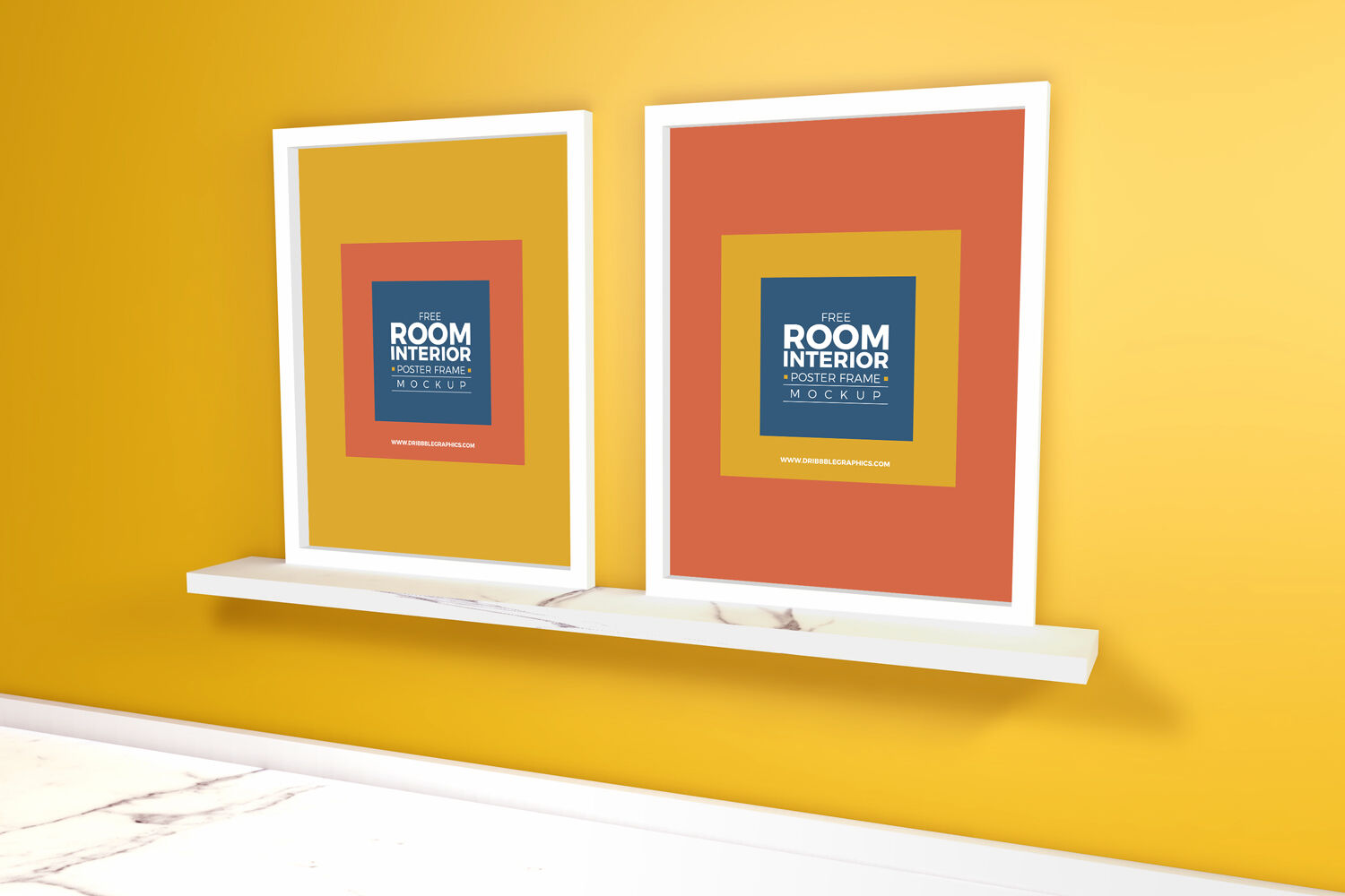 Two Vertical Interior Poster Frames Mockup with Marble Floor FREE PSD