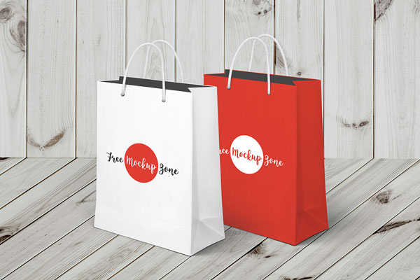 Two Vertical Shopping Bags with a Wooden Background Mockup