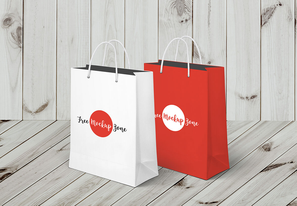 Two Vertical Plastic Shopping Bags with a Wooden Background Mockup FREE PSD