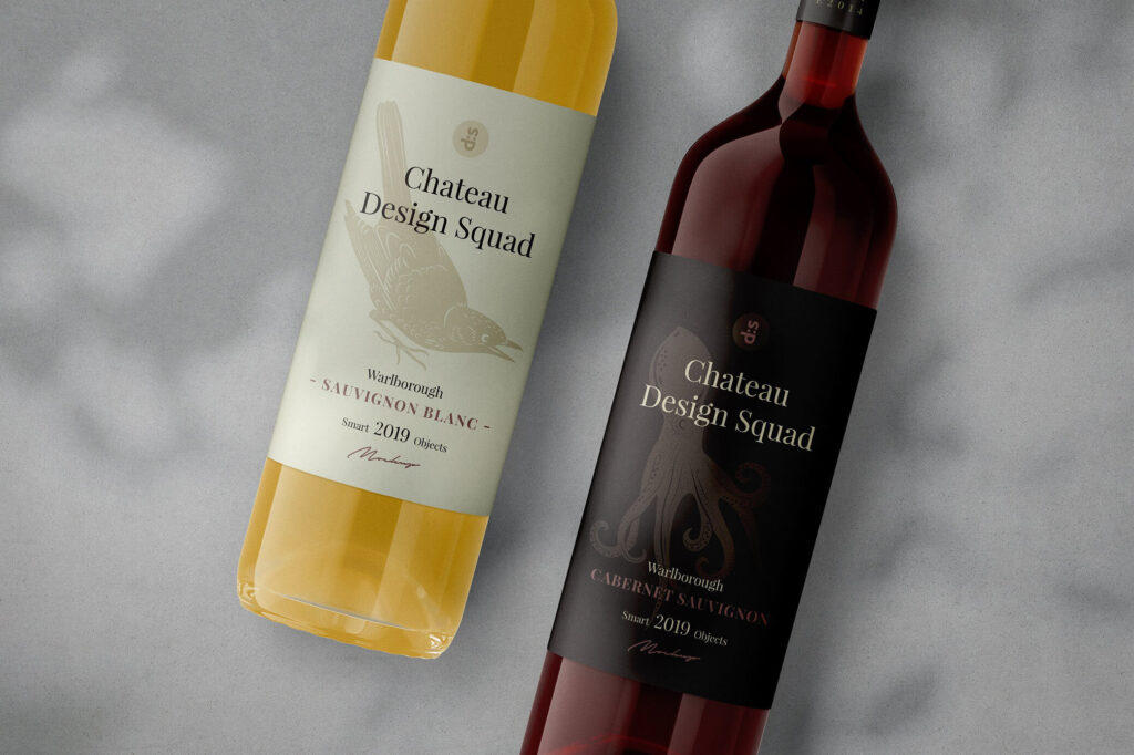 Two Wine Bottles Laying Besides Each other Mockup